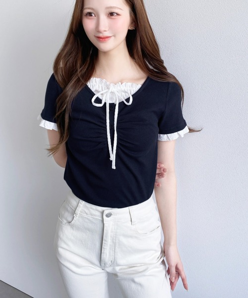 moment+（モーメントプラス）の「フロントギャザーレイヤード風ヘンリーネックリブカットソー半袖トップス（Tシャツ/カットソー・レディース・ホワイト系その他/ブラック/杢グレー/アイボリー/ネイビー/ブルー系その他/ブラック系その他/ピンク/イエロー系2/ネイビー系2/ホワイト系2・M/L）」の14枚目の写真