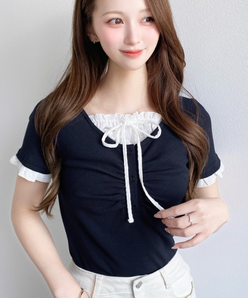 moment+（モーメントプラス）の「フロントギャザーレイヤード風ヘンリーネックリブカットソー半袖トップス（Tシャツ/カットソー・レディース・ホワイト系その他/ブラック/杢グレー/アイボリー/ネイビー/ブルー系その他/ブラック系その他/ピンク/イエロー系2/ネイビー系2/ホワイト系2・M/L）」の13枚目の写真