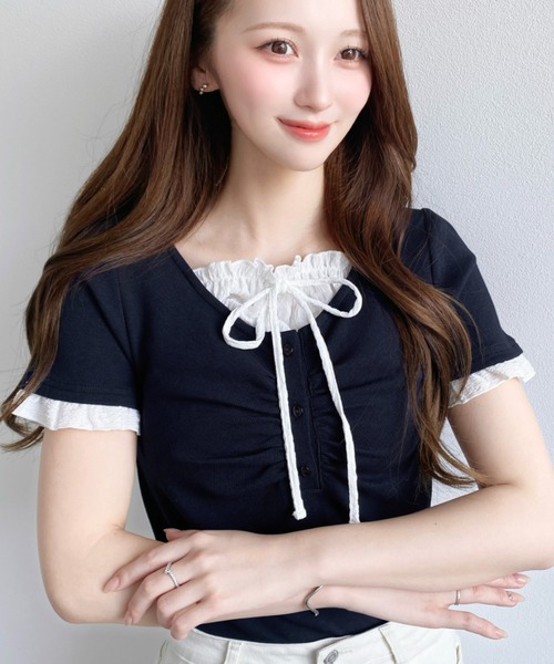 moment+（モーメントプラス）の「フロントギャザーレイヤード風ヘンリーネックリブカットソー半袖トップス（Tシャツ/カットソー・レディース・ホワイト系その他/ブラック/杢グレー/アイボリー/ネイビー/ブルー系その他/ブラック系その他/ピンク/イエロー系2/ネイビー系2/ホワイト系2・M/L）」の15枚目の写真