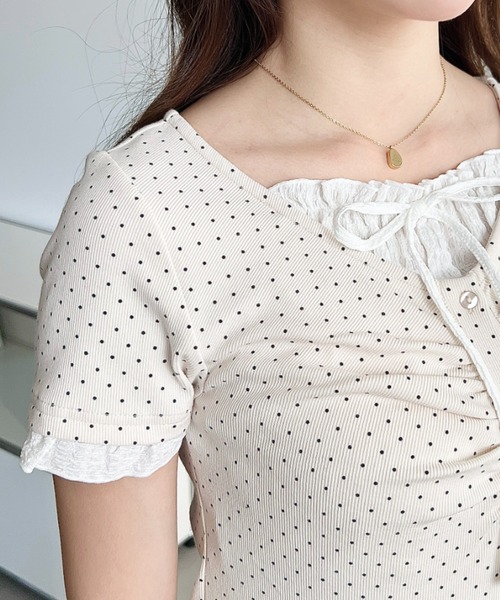 moment+（モーメントプラス）の「フロントギャザーレイヤード風ヘンリーネックリブカットソー半袖トップス（Tシャツ/カットソー・レディース・ホワイト系その他/ブラック/杢グレー/アイボリー/ネイビー/ブルー系その他/ブラック系その他/ピンク/イエロー系2/ネイビー系2/ホワイト系2・M/L）」の21枚目の写真