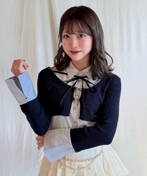 NOMAE（ノーマエ）の「シャツレイヤードケーブルニット（Tシャツ/カットソー・レディース・グレー/ダークブルー/アイボリー/ブラック・FREE）」の11枚目の写真