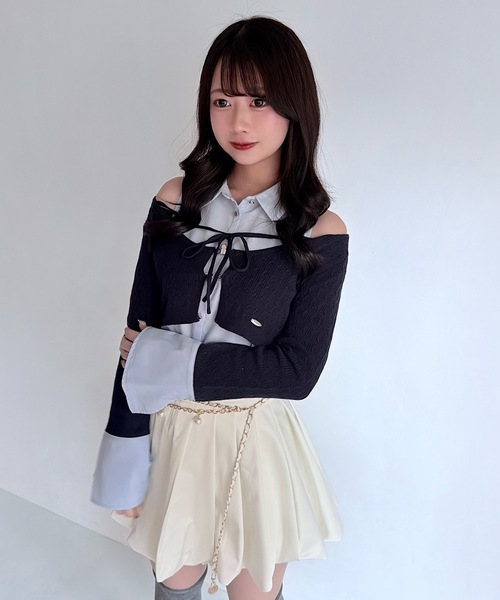 NOMAE（ノーマエ）の「シャツレイヤードケーブルニット（Tシャツ/カットソー・レディース・グレー/ダークブルー/アイボリー/ブラック・FREE）」の10枚目の写真