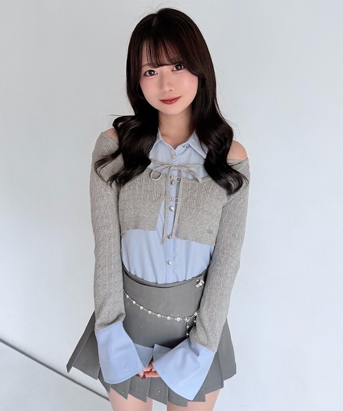 NOMAE（ノーマエ）の「シャツレイヤードケーブルニット（Tシャツ/カットソー・レディース・グレー/ダークブルー/アイボリー/ブラック・FREE）」の17枚目の写真