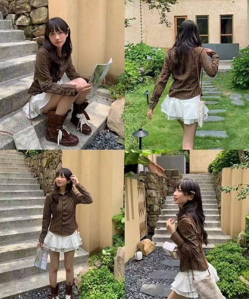 AsheKsha(アシクシャ)の「レトロなチェック柄の長袖シャツ(シャツ/ブラウス・レディース・ブルー/ブラウン・M)」の6枚目の写真
