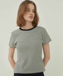 MOTT（モット）の「ダブルネックコットンTシャツ - ストライプアイボリー（Tシャツ/カットソー）」