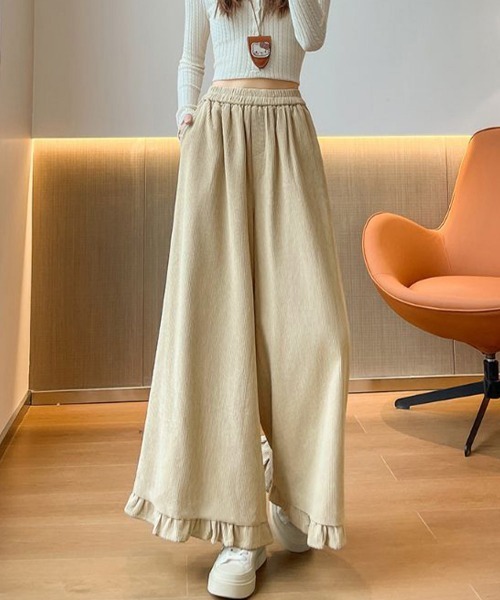 Miniministore(ミニミニストア)の「フリル裾ワイドパンツ コーデュロイパンツ(スラックス・レディース・ベージュ/ブラウン/ピンク・FREE)」の2枚目の写真
