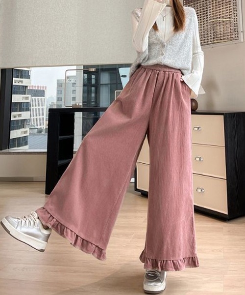 Miniministore(ミニミニストア)の「フリル裾ワイドパンツ コーデュロイパンツ(スラックス・レディース・ベージュ/ブラウン/ピンク・FREE)」の6枚目の写真