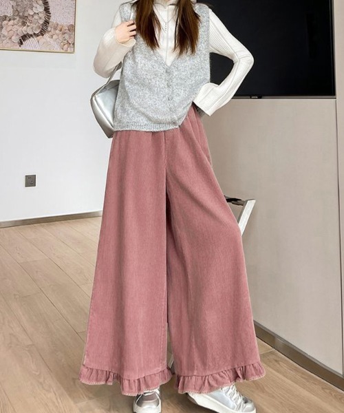 Miniministore(ミニミニストア)の「フリル裾ワイドパンツ コーデュロイパンツ(スラックス・レディース・ベージュ/ブラウン/ピンク・FREE)」の16枚目の写真