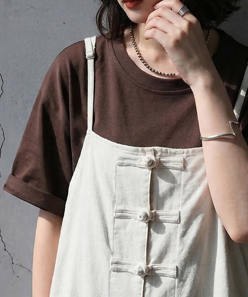 antiqua(アンティカ)の「チャイナボタン ワイド リネン風 サロペット(サロペット/オーバーオール・レディース・ブラック/ナチュラル・P/R)」の11枚目の写真