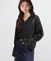 【ZOZO限定】フラワージャガードシアーシャツ 体型カバー ボタン開閉 ゆったり スタンドカラー シアーブラウス 軽量 通勤 オフィスカジュアル uvカット