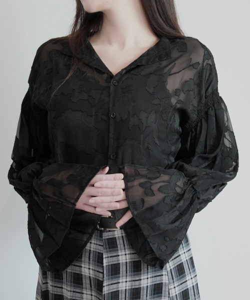 SAISON DE PAPILLON(セゾンドパピヨン)の「【ZOZO限定】フラワージャガードシアーシャツ 体型カバー ボタン開閉 ゆったり スタンドカラー シアーブラウス 軽量 通勤 オフィスカジュアル uvカット(シャツ/ブラウス・レディース・ブラック/ベージュ・フリー)」の19枚目の写真