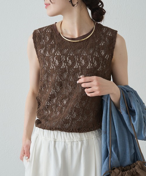 セール】ストレッチレースノースリーブTシャツ（Tシャツ/カットソー