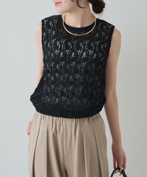 PUAL CE CIN（ピュアルセシン）の「ストレッチレースノースリーブＴシャツ（Tシャツ/カットソー・レディース・ブラウン/アイボリー/ブラック・FREE）」の2枚目の写真