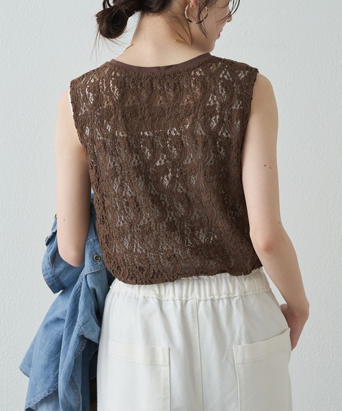 PUAL CE CIN（ピュアルセシン）の「ストレッチレースノースリーブＴシャツ（Tシャツ/カットソー・レディース・ブラウン/アイボリー/ブラック・FREE）」の22枚目の写真