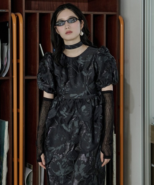 Ezick(エジック)の「3set jaguard puff dress ボウタイツキジャガードパフドレス(レースアームウォーマーセット)(ドレス・レディース・ブラック/グレー・FREE)」の11枚目の写真
