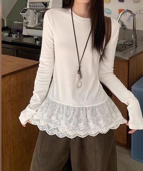 ReRe(リリ)の「カラップデザイン裾レーストップス(Tシャツ/カットソー・レディース・ホワイト・X-LARGE/LARGE/MEDIUM)」の3枚目の写真