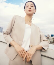 【新品】LOHEN ハーフスリーブ　ノーカラージャケット 半袖 ベージュ 麻調ハーフスリーブジャケット（ノーカラージャケット）｜Liesse