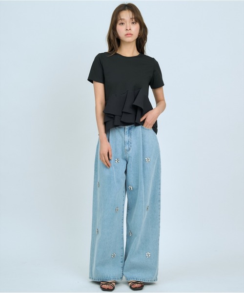 AND COUTURE(アンドクチュール)の「ペプラムカットトップス(Tシャツ/カットソー・レディース・グリーン/オフホワイト/ブラック・FREE)」の4枚目の写真