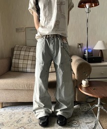 ルーズシルエットペイント風ダブルニーパンツ