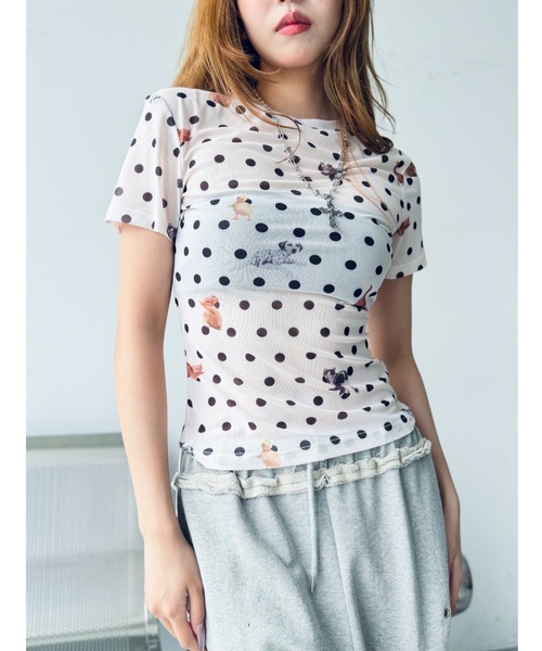 Y2K SYNAPSE FACTORY（ワイツーケー シナプスファクトリー）の「【ドット】シアーTシャツ（Tシャツ/カットソー・レディース・ホワイト/ブラック・FREE）」の6枚目の写真