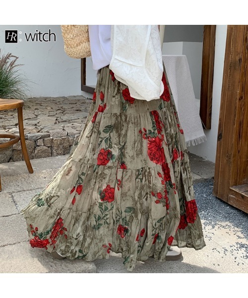 witch(ウイッチ)の「花柄シワ加工ロングスカート(スカート・レディース・レッド・FREE)」の2枚目の写真