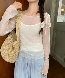 Alvia（アルビア）の「シアーリボントップス｜肩ストラップリボン・透け感メッシュ長袖・細見えデザイン（その他トップス）」