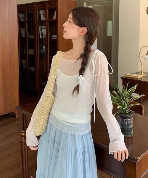Alvia(アルビア)の「シアーリボントップス|肩ストラップリボン・透け感メッシュ長袖・細見えデザイン(その他トップス・レディース・ホワイト・M)」の5枚目の写真