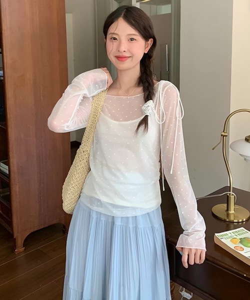 Alvia(アルビア)の「シアーリボントップス|肩ストラップリボン・透け感メッシュ長袖・細見えデザイン(その他トップス・レディース・ホワイト・M)」の9枚目の写真