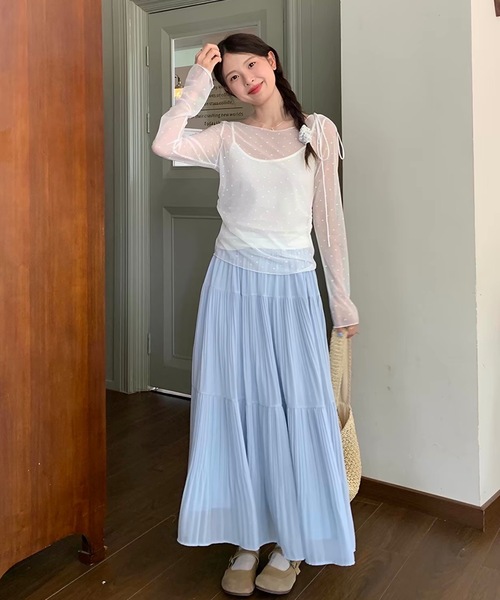Alvia(アルビア)の「シアーリボントップス|肩ストラップリボン・透け感メッシュ長袖・細見えデザイン(その他トップス・レディース・ホワイト・M)」の11枚目の写真