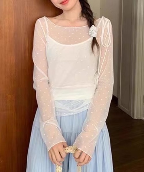 Alvia(アルビア)の「シアーリボントップス|肩ストラップリボン・透け感メッシュ長袖・細見えデザイン(その他トップス・レディース・ホワイト・M)」の15枚目の写真