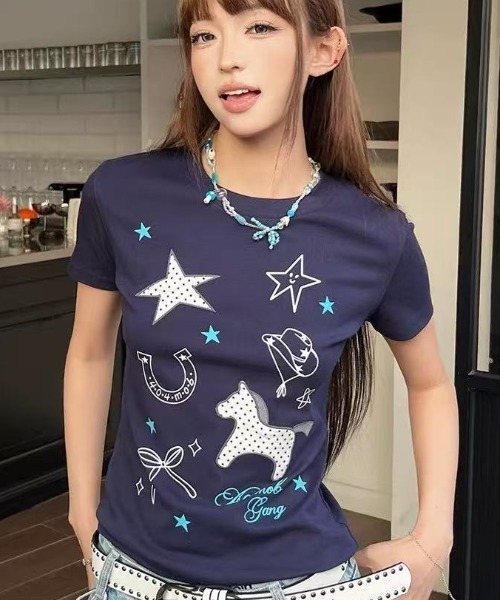 DIAVEL(ディアベル)の「26SS ホースモチーフスタープリント半袖Tシャツ(Tシャツ/カットソー・レディース・ネイビー/グレー・M)」の4枚目の写真