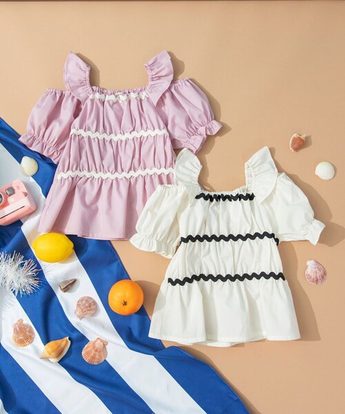 BRANSHES(ブランシェス)の「【おそろい】肩あきシャーリングトップス(シャツ/ブラウス・キッズ・ピンク/アイボリー・90/100/110/120/80/130/140/150)」の5枚目の写真