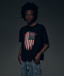 CORNERBLESS（コーナーブレス）の「STARS AND STRIPES HALF SLEEVE BLACK CROP T-SHIRTS（Tシャツ/カットソー）」