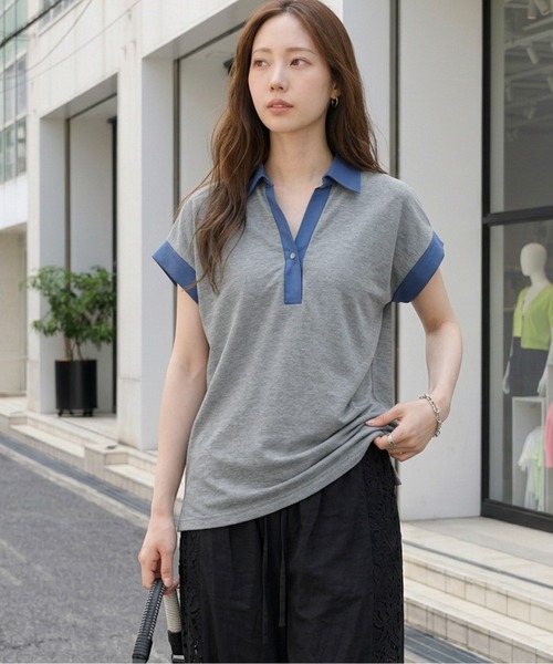 AMELY(エミリー)の「《スウェット×デニム風》異素材スキッパースウェットトップス/吸湿素材(スウェット・レディース・ブラック/グレー/ベージュ・フリー)」の2枚目の写真