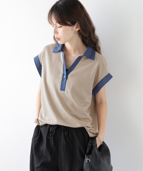 AMELY(エミリー)の「《スウェット×デニム風》異素材スキッパースウェットトップス/吸湿素材(スウェット・レディース・ブラック/グレー/ベージュ・フリー)」の17枚目の写真