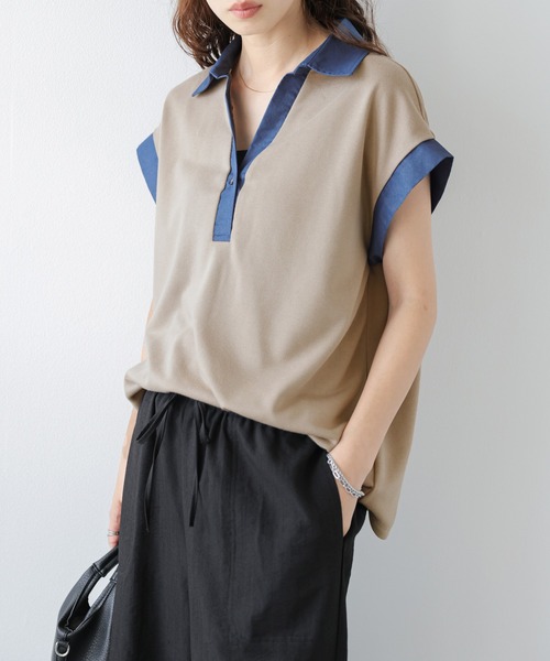 AMELY(エミリー)の「《スウェット×デニム風》異素材スキッパースウェットトップス/吸湿素材(スウェット・レディース・ブラック/グレー/ベージュ・フリー)」の18枚目の写真