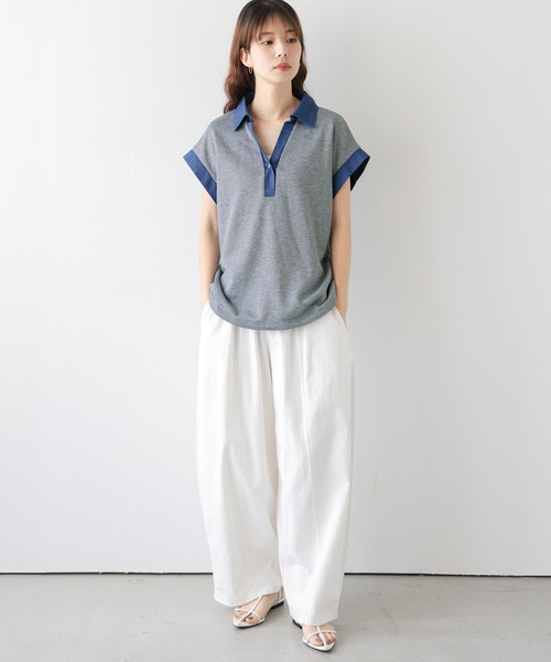 AMELY(エミリー)の「《スウェット×デニム風》異素材スキッパースウェットトップス/吸湿素材(スウェット・レディース・ブラック/グレー/ベージュ・フリー)」の22枚目の写真