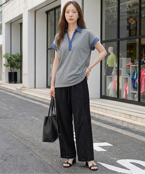 AMELY(エミリー)の「《スウェット×デニム風》異素材スキッパースウェットトップス/吸湿素材(スウェット・レディース・ブラック/グレー/ベージュ・フリー)」の9枚目の写真