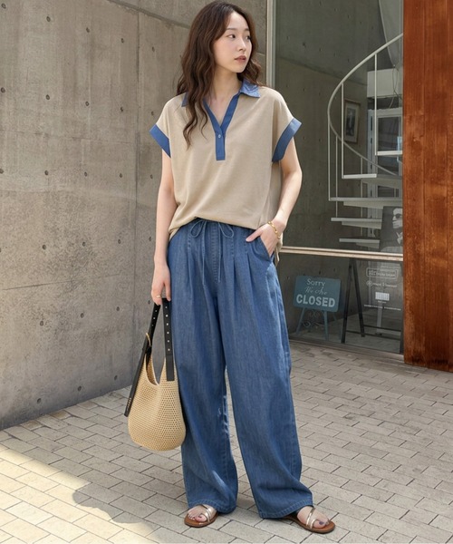 AMELY(エミリー)の「《スウェット×デニム風》異素材スキッパースウェットトップス/吸湿素材(スウェット・レディース・ブラック/グレー/ベージュ・フリー)」の5枚目の写真
