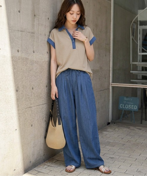 AMELY(エミリー)の「《スウェット×デニム風》異素材スキッパースウェットトップス/吸湿素材(スウェット・レディース・ブラック/グレー/ベージュ・フリー)」の6枚目の写真