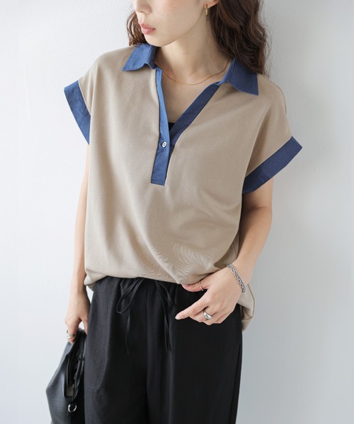 AMELY(エミリー)の「《スウェット×デニム風》異素材スキッパースウェットトップス/吸湿素材(スウェット・レディース・ブラック/グレー/ベージュ・フリー)」の4枚目の写真