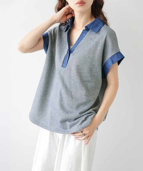 AMELY(エミリー)の「《スウェット×デニム風》異素材スキッパースウェットトップス/吸湿素材(スウェット・レディース・ブラック/グレー/ベージュ・フリー)」の8枚目の写真