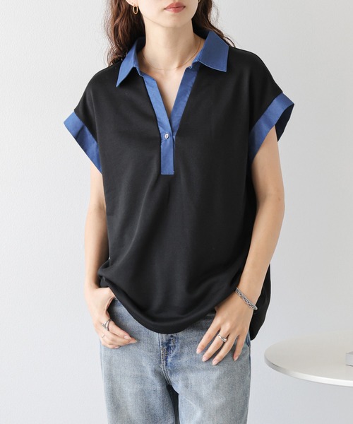 AMELY(エミリー)の「《スウェット×デニム風》異素材スキッパースウェットトップス/吸湿素材(スウェット・レディース・ブラック/グレー/ベージュ・フリー)」の12枚目の写真