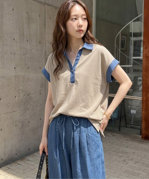 AMELY(エミリー)の「《スウェット×デニム風》異素材スキッパースウェットトップス/吸湿素材(スウェット・レディース・ブラック/グレー/ベージュ・フリー)」の7枚目の写真