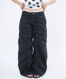 LACE LAYERED WIDE PANTS - BLACK