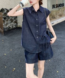 デニムノースリーブトップスショートパンツセットアップ