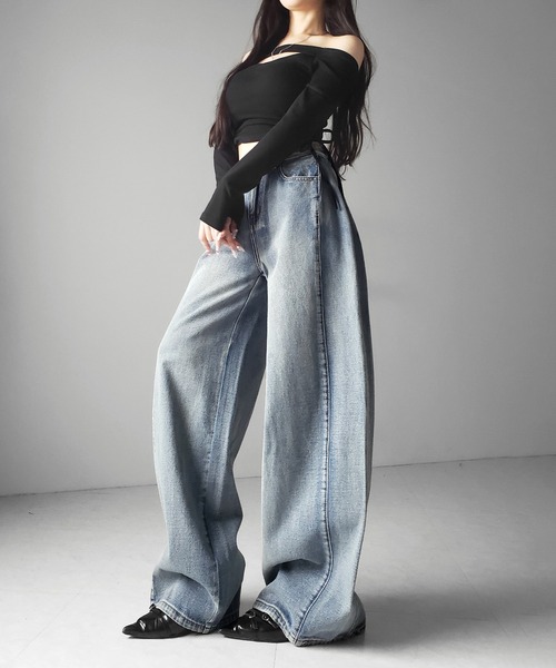 me+em select(ミームセレクト)の「【 3color /3size 】ヴィンテージライクウォッシュカーブワイドデニム / vintage like wash curve wide denim(デニムパンツ・レディース・ダークブラック/ブラック/ブルー・LARGE/MEDIUM/SMALL)」の14枚目の写真