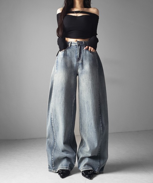 me+em select(ミームセレクト)の「【 3color /3size 】ヴィンテージライクウォッシュカーブワイドデニム / vintage like wash curve wide denim(デニムパンツ・レディース・ダークブラック/ブラック/ブルー・LARGE/MEDIUM/SMALL)」の18枚目の写真