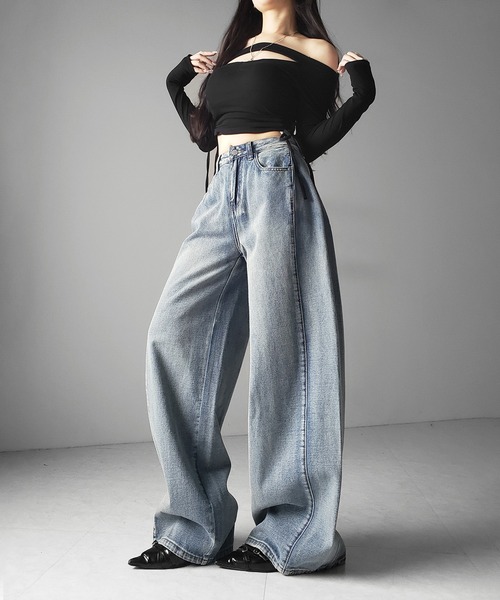 me+em select(ミームセレクト)の「【 3color /3size 】ヴィンテージライクウォッシュカーブワイドデニム / vintage like wash curve wide denim(デニムパンツ・レディース・ダークブラック/ブラック/ブルー・LARGE/MEDIUM/SMALL)」の19枚目の写真