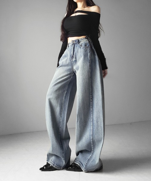 me+em select(ミームセレクト)の「【 3color /3size 】ヴィンテージライクウォッシュカーブワイドデニム / vintage like wash curve wide denim(デニムパンツ・レディース・ダークブラック/ブラック/ブルー・LARGE/MEDIUM/SMALL)」の20枚目の写真